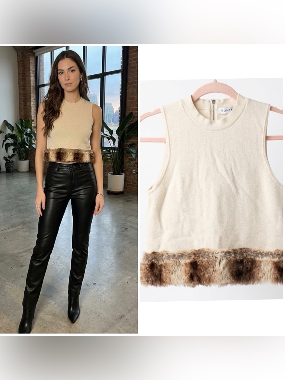 KONTROL Y2K Cream Knit Sleeveless Top Cropped Faux Fur Leopard Hem Old Money XL